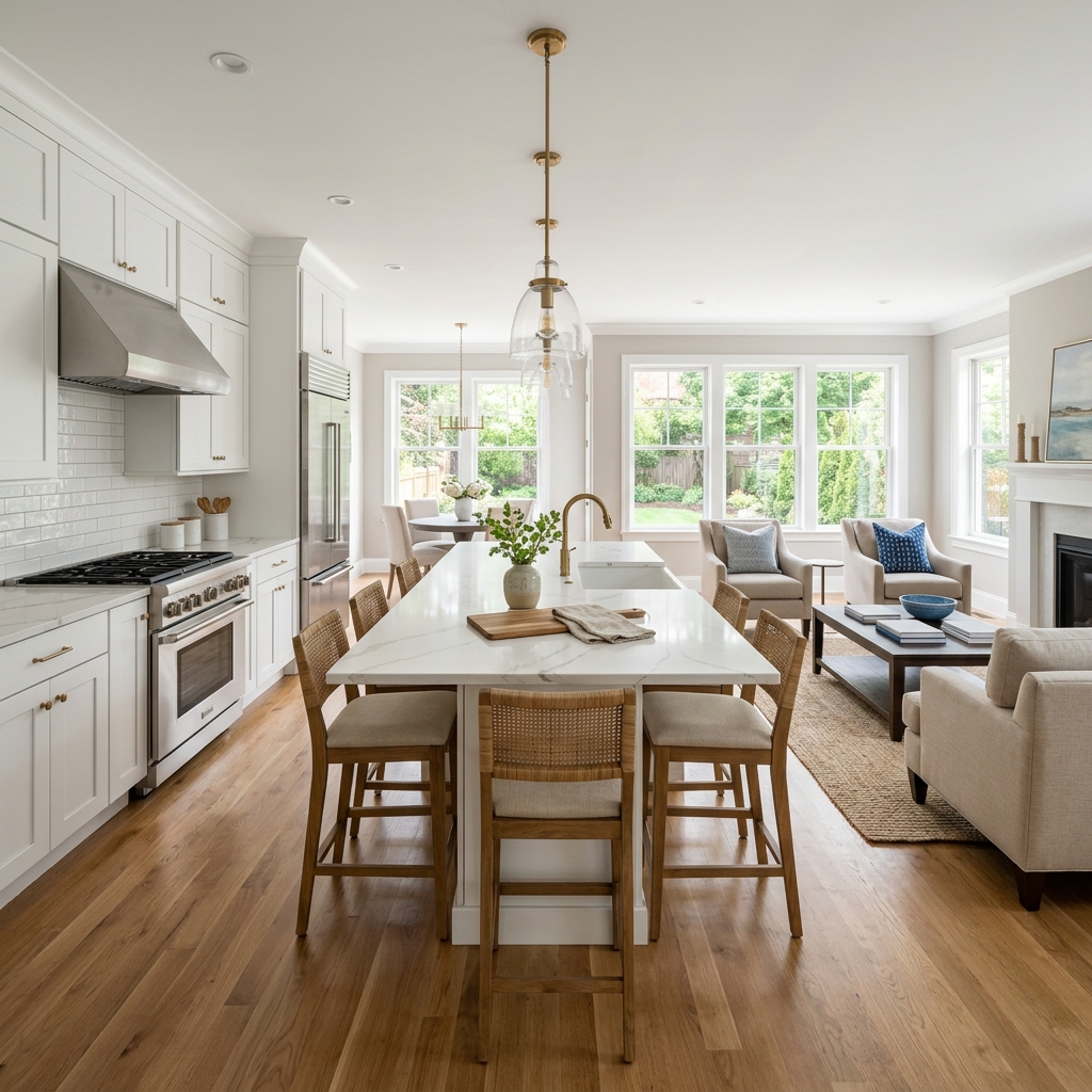 Beautifully renovated open-concept kitchen with white cabinetry, quartz countertops, and modern fixtures by Evici Corp