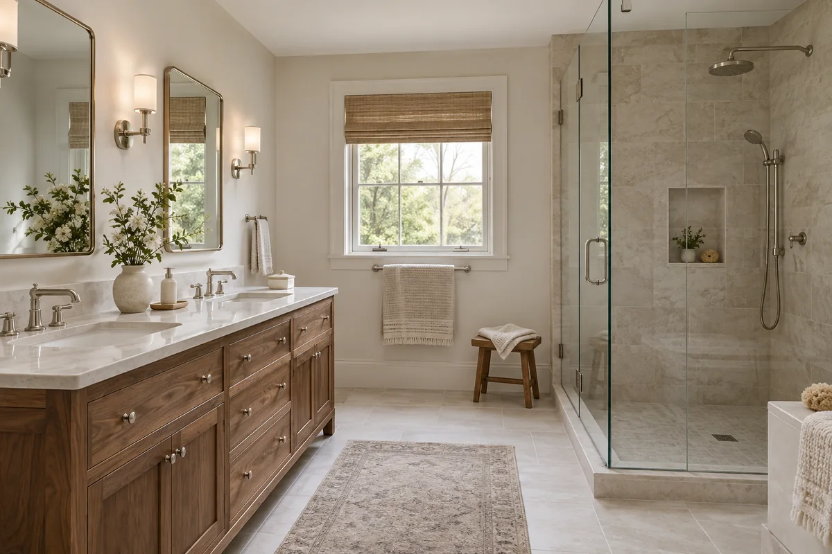 Representative primary bathroom design with a walnut double vanity and walk-in glass shower