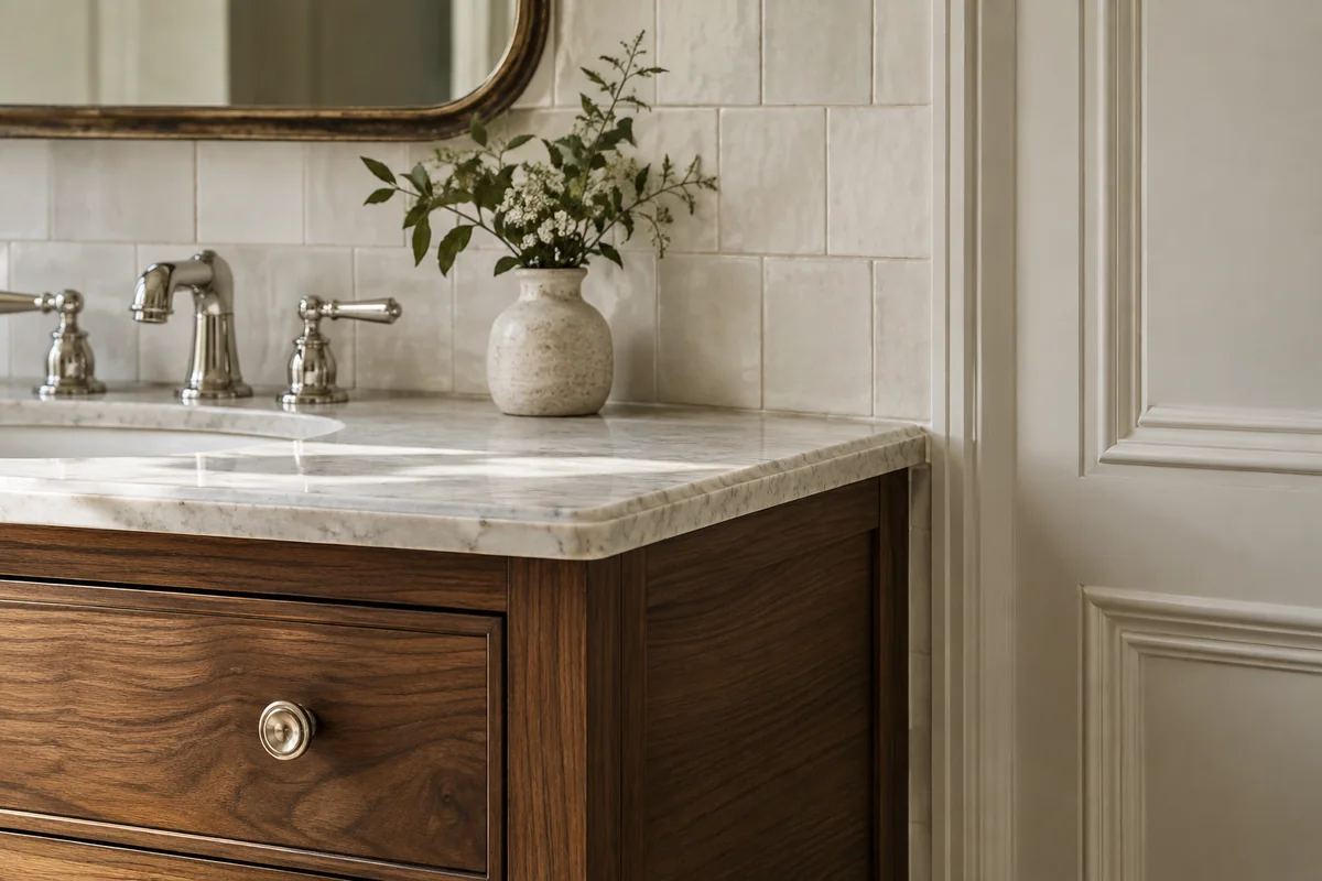 Representative bathroom finish detail with walnut cabinetry, stone, and handmade-look tile