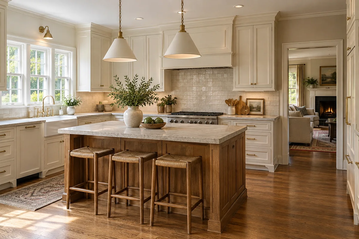 Representative kitchen design with ivory cabinetry and a natural oak island