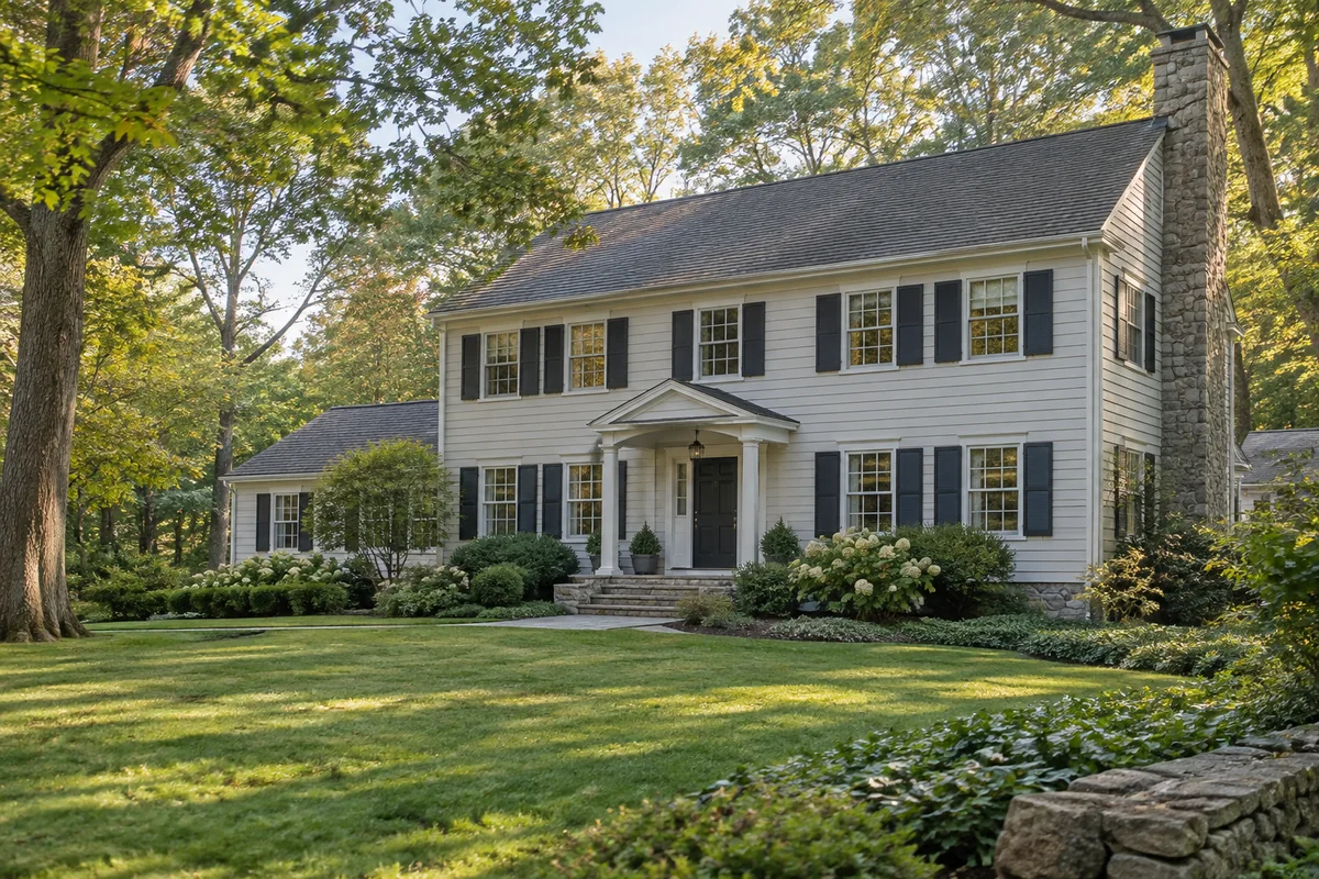 Representative Colonial home exterior on a wooded suburban lot