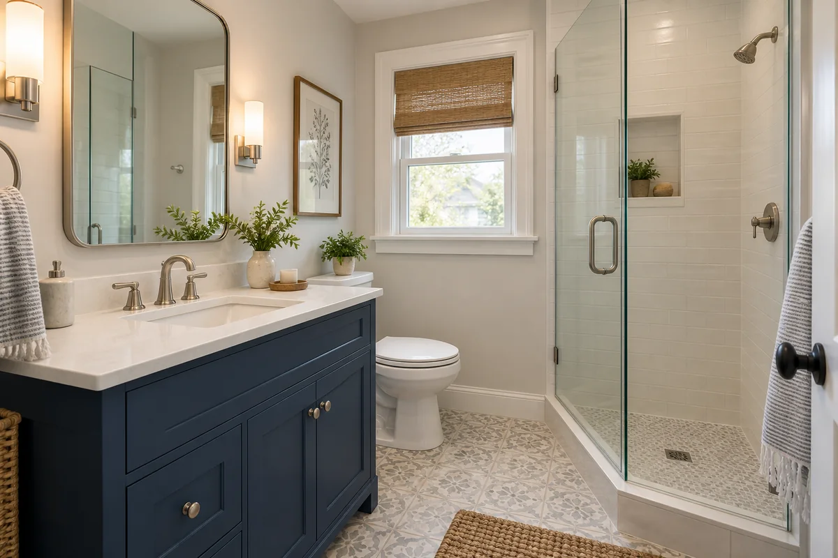 Representative compact bathroom design with a blue vanity and walk-in glass shower