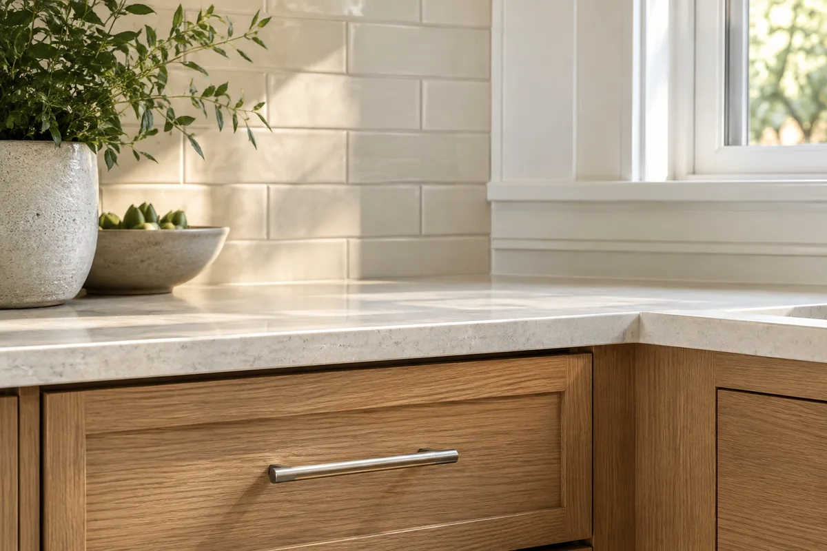 Representative kitchen finish detail with oak cabinetry, pale quartz, and warm white tile
