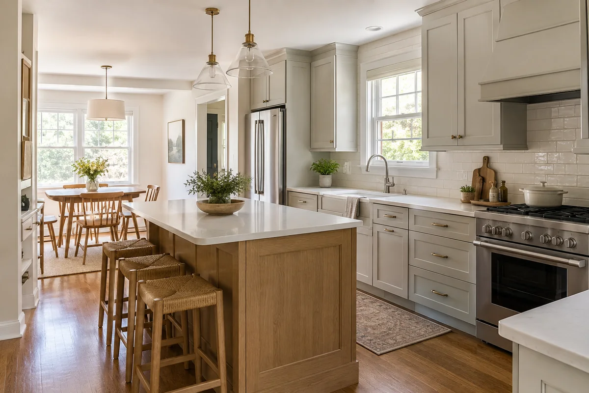 Representative compact kitchen design with warm-gray cabinetry, an oak island, and pale quartz