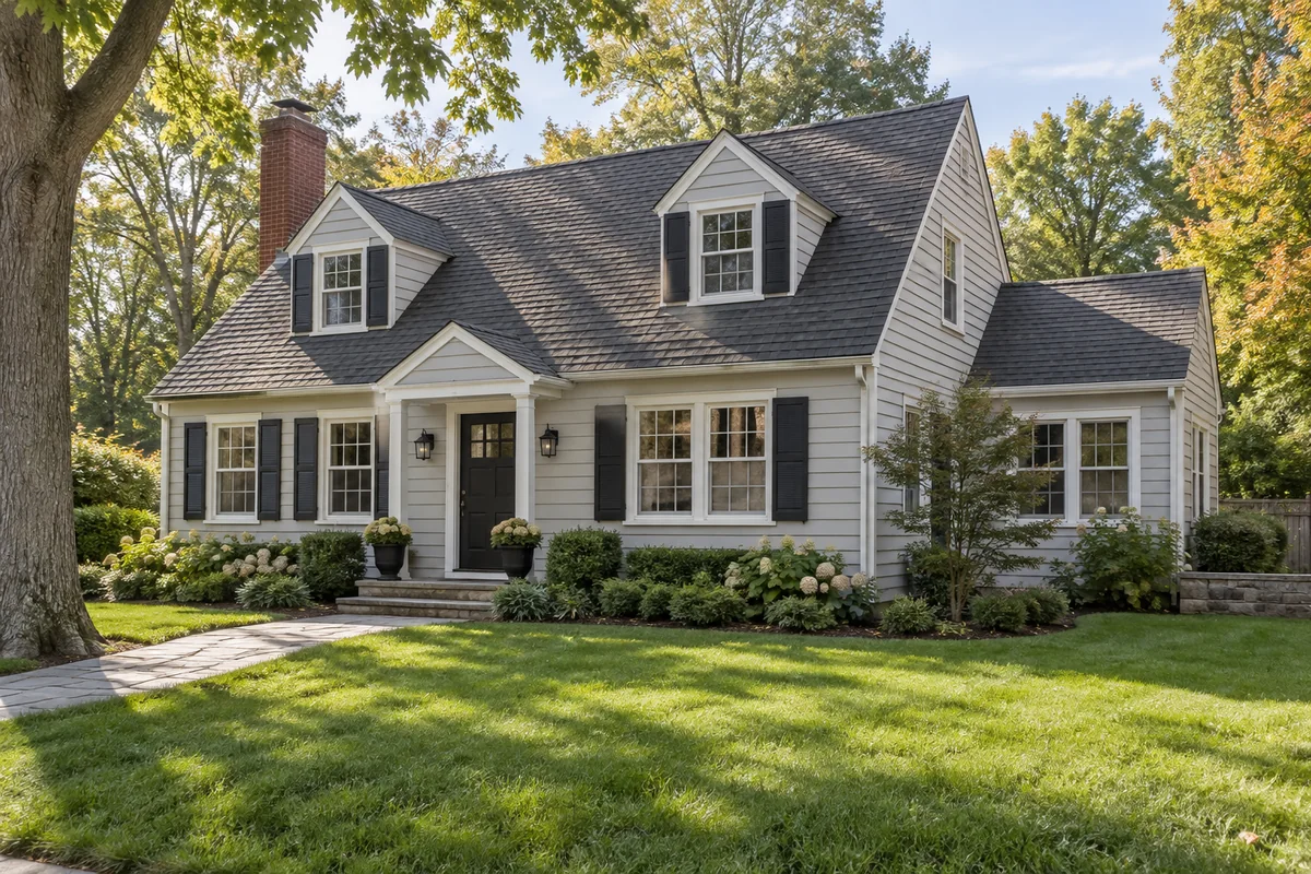Representative Cape Cod home exterior with dormers and a cohesive side addition