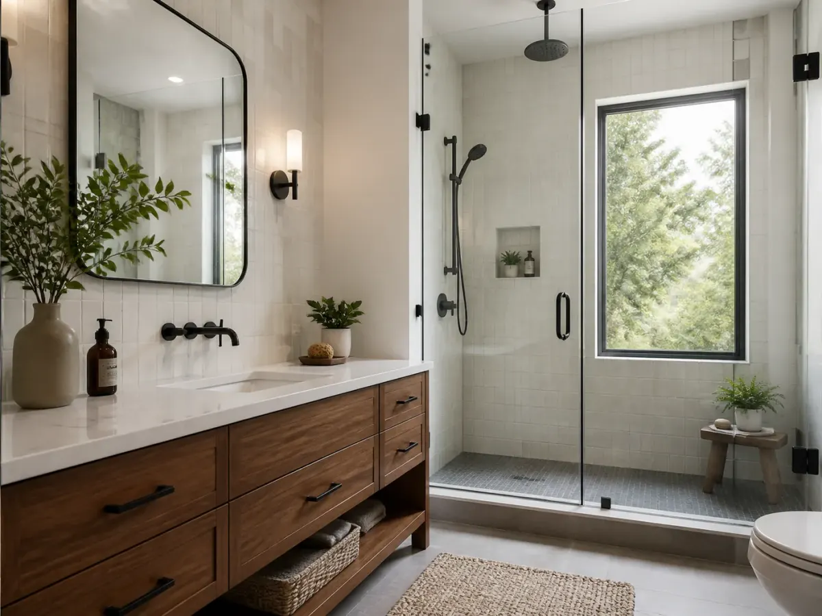 Greenburgh bathroom renovation with walnut vanity and glass shower
