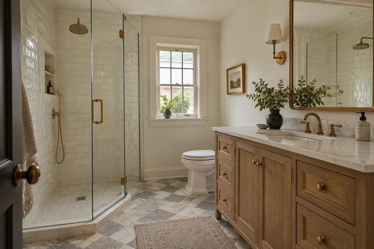 Representative Tudor-inspired bathroom design with warm tile, an oak vanity, and a glass shower