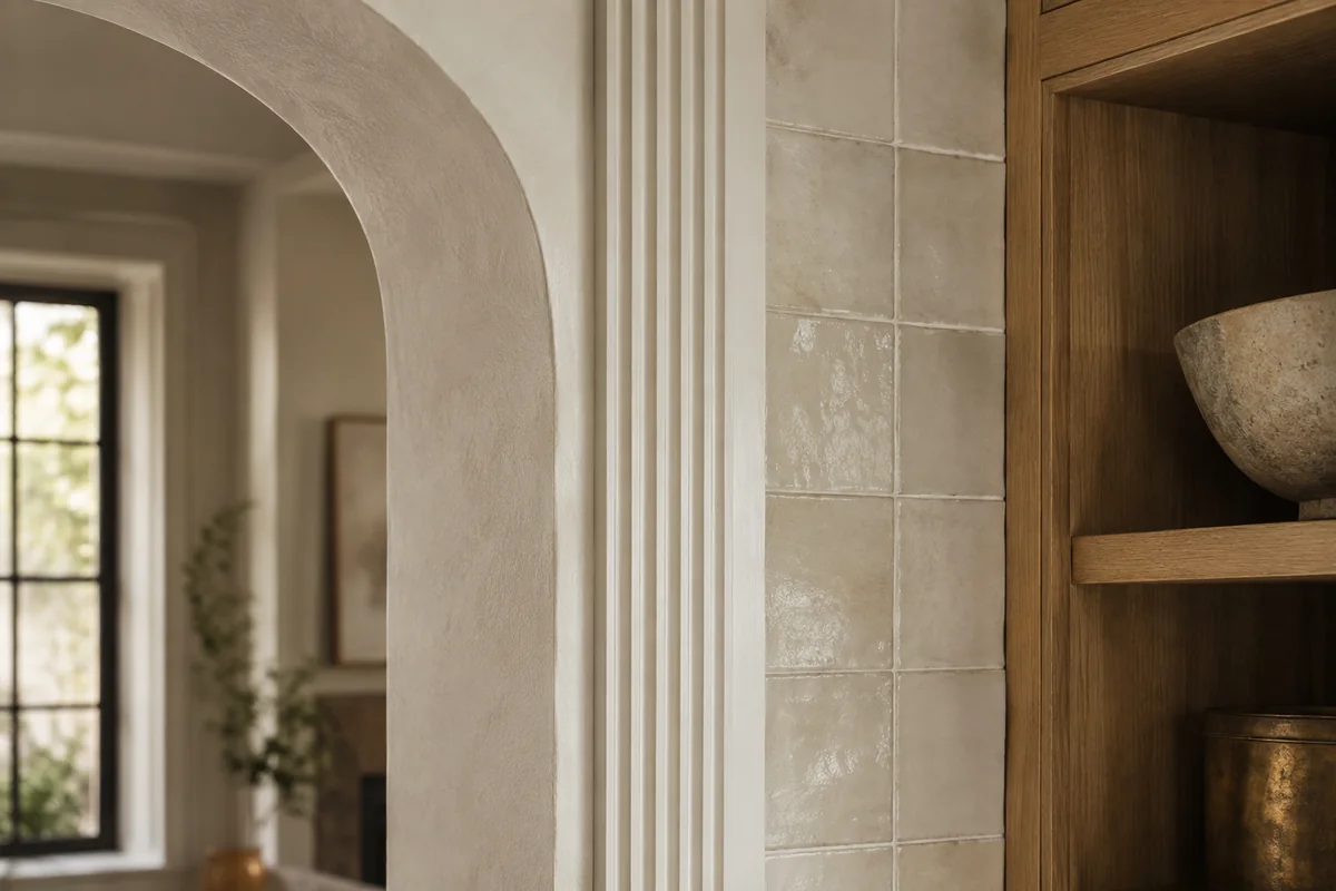 Representative architectural detail combining an arched opening, fluted trim, tile, and oak