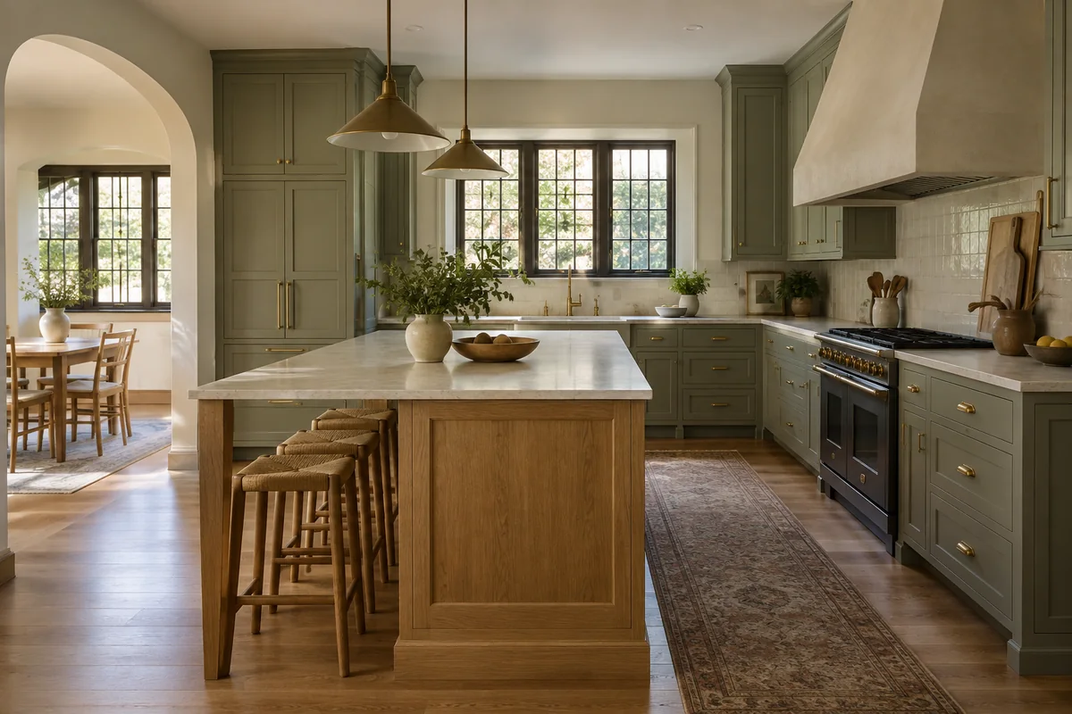 Representative older-home kitchen design with sage cabinetry, an oak island, and an arched opening