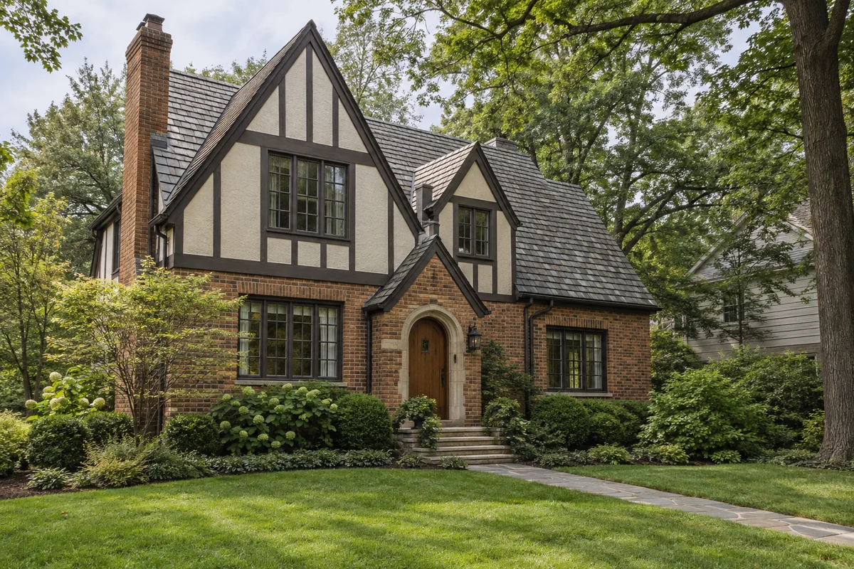 Representative English Tudor home exterior on a leafy suburban lot