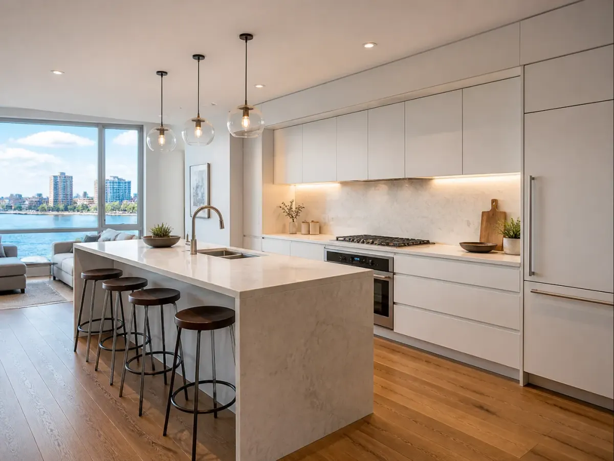 Sleek renovated condo kitchen in New Rochelle