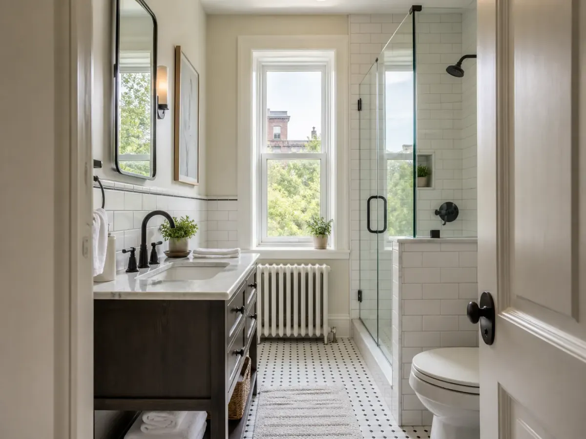 Bright bathroom renovation with pre-war home details in Yonkers