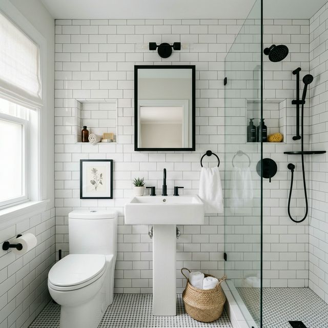 Evici Corp bathroom remodel showcasing custom tile work and walk-in shower