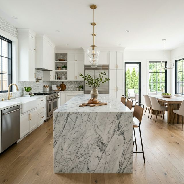 Open-concept kitchen renovation with waterfall island in Westchester County