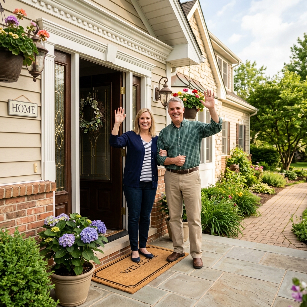 Happy homeowners waving at their front door in Westchester County