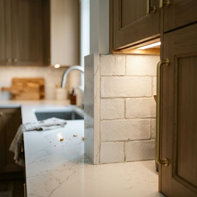 Premium kitchen finishes including quartz countertop and artisan backsplash tile in a Westchester County kitchen remodel