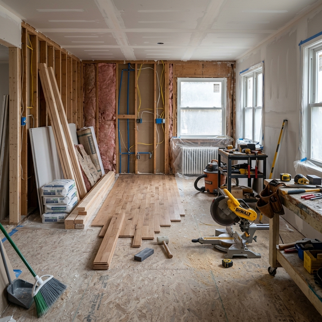 Room mid-renovation showing fresh drywall, new flooring, and organized construction materials in a Westchester County home